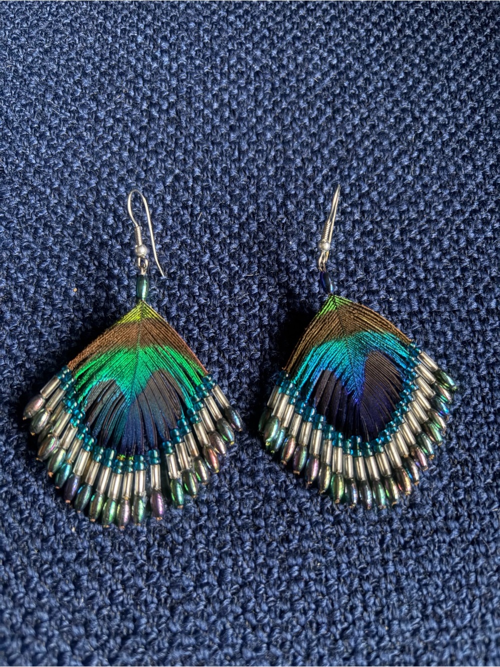 Peacock Feather Drop Earrings Bohemian Aurora Borealis Seed Bead Fringes